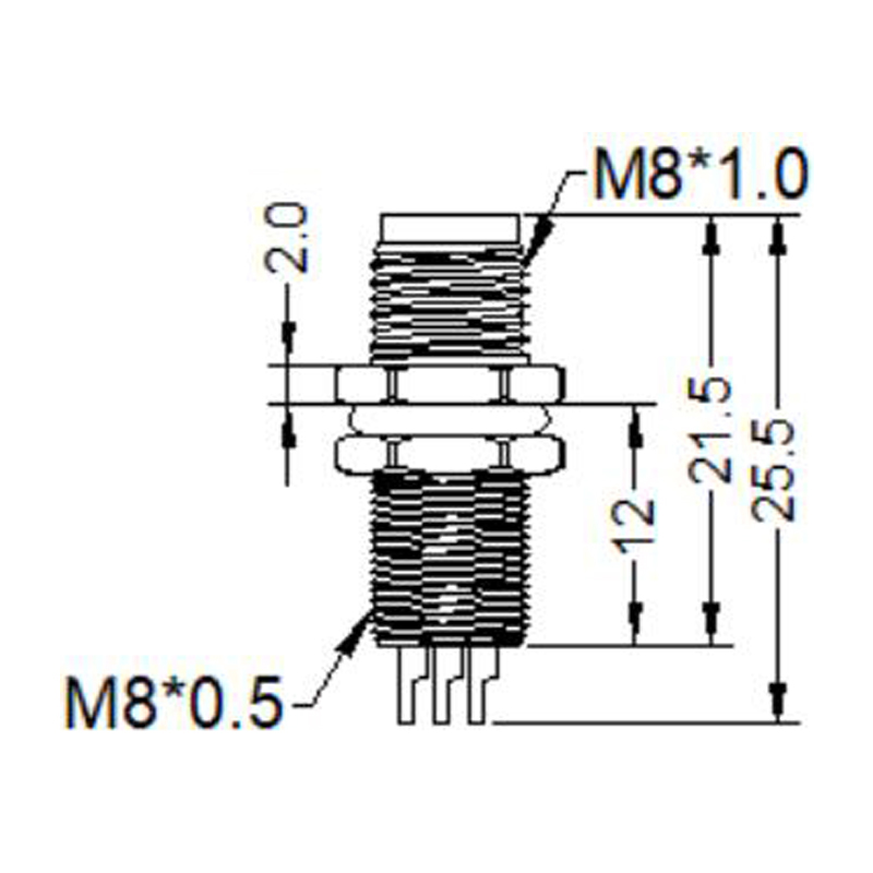 M8 3pins A code male straight rear panel mount connector, unshielded, solder